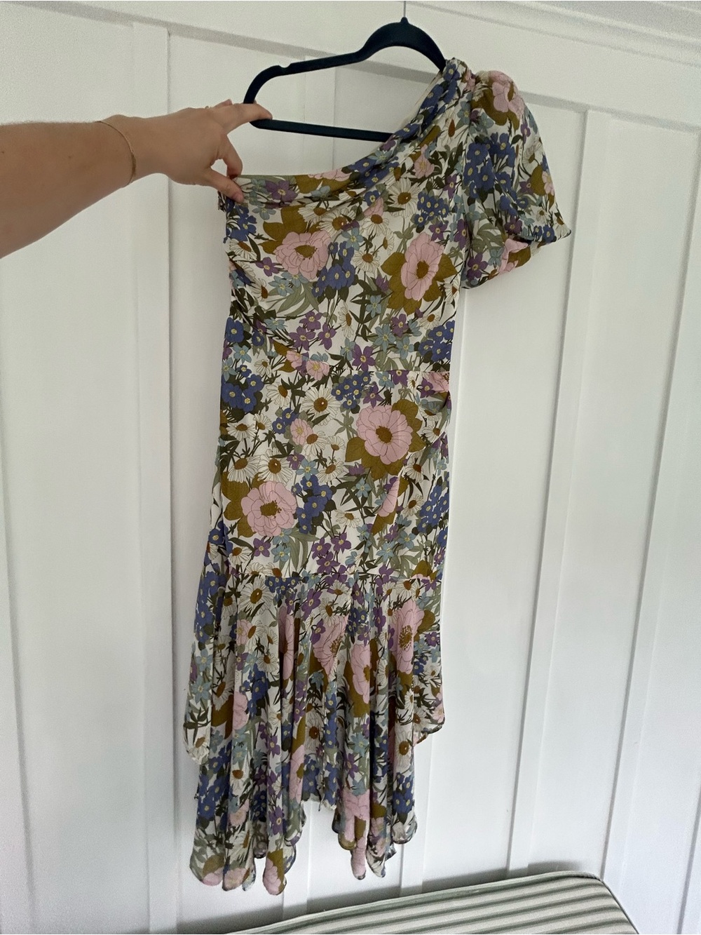 ASTR One-Shoulder Floral Midi Dress in Pink, Olive & Blue